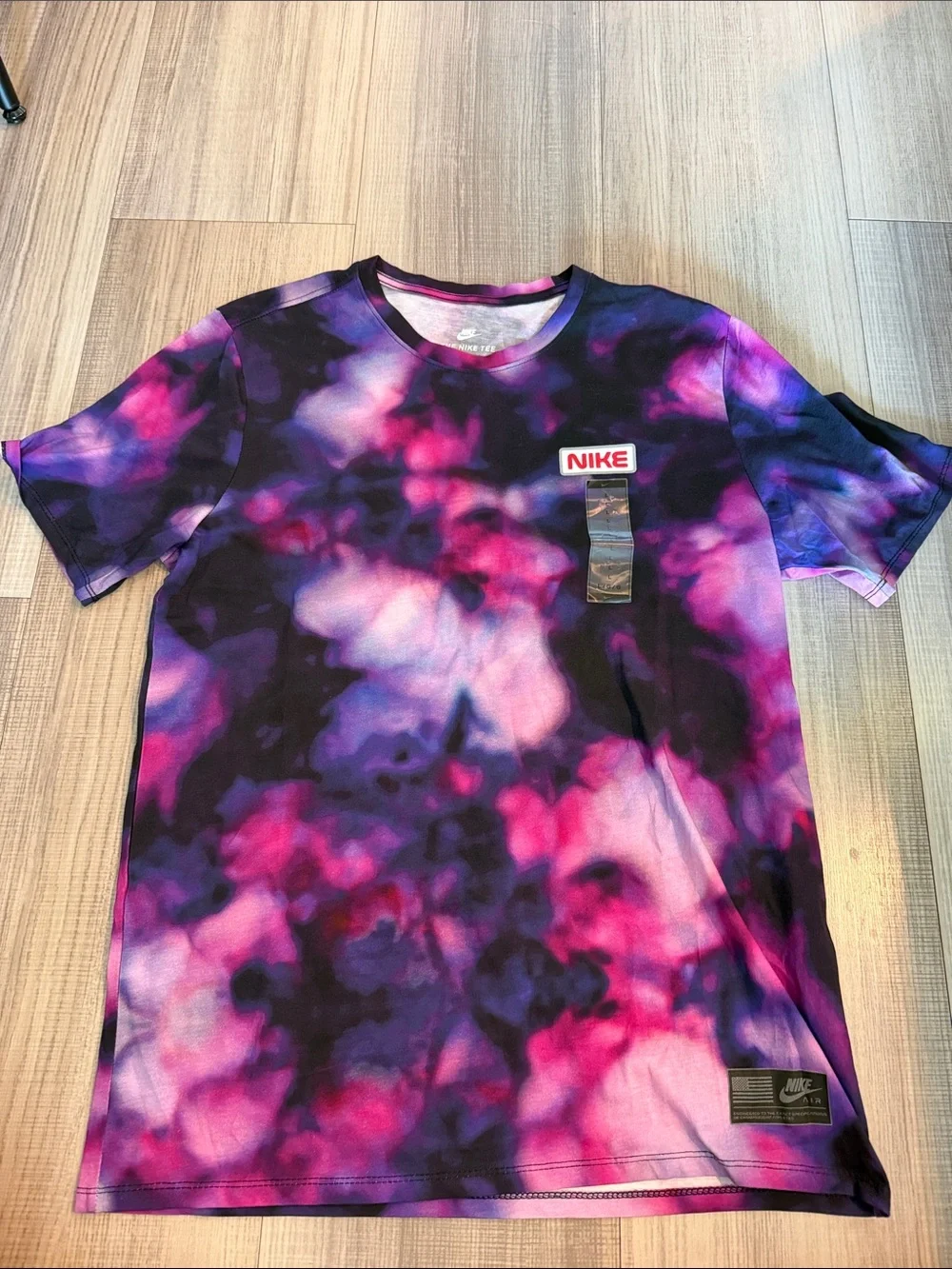 Nike Men’s Purple and Pink Tie-Dye Short Sleeve Tee with Logo Patch